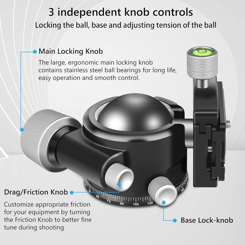 ARTCISE 55mm Low Profile Ball Head Tripod Ball Head KB55 Heavy Duty Tripod Head All Metal CNC Machining with Three 1/4" Quick Release Plates for Tripod, Monopod, DSLR, Camcorder, Max Load 88lbs /40kg - Image 4